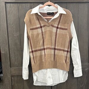 Rachel Zoe Tan Plaid Sweater Vest with White Shirt